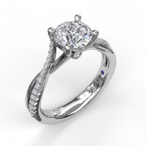 14K WHITE GOLD TWIST SEMI-MOUNT RING SIZE 6.5 WITH 30=0.19TW ROUND G-H VS2-SI1 DIAMONDS AND ONE ROUND BLUE SAPPHIRE  (4.58 GRAMS)