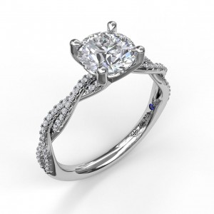 14 KARAT WHITE GOLD TWIST SEMI-MOUNT RING SIZE 6.5 WITH 64=0.19TW ROUND G-H COLOR VS2-SI1 CLARITY DIAMONDS AND ONE ROUND BLUE SAPPHIRE  (2.82 GRAMS)