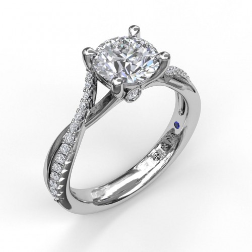 14K WHITE GOLD TWIST SEMI-MOUNT RING SIZE 6.5 WITH 30=0.19TW ROUND G-H VS2-SI1 DIAMONDS AND ONE ROUND BLUE SAPPHIRE  (4.58 GRAMS)