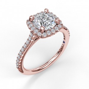 14 KARAT ROSE GOLD HALO SEMI-MOUNT RING SIZE 6.5 WITH 42=0.33TW ROUND G-H COLOR VS2-SI1 CLARITY DIAMONDS AND ONE ROUND BLUE SAPPHIRE   (2.82 GRAMS)